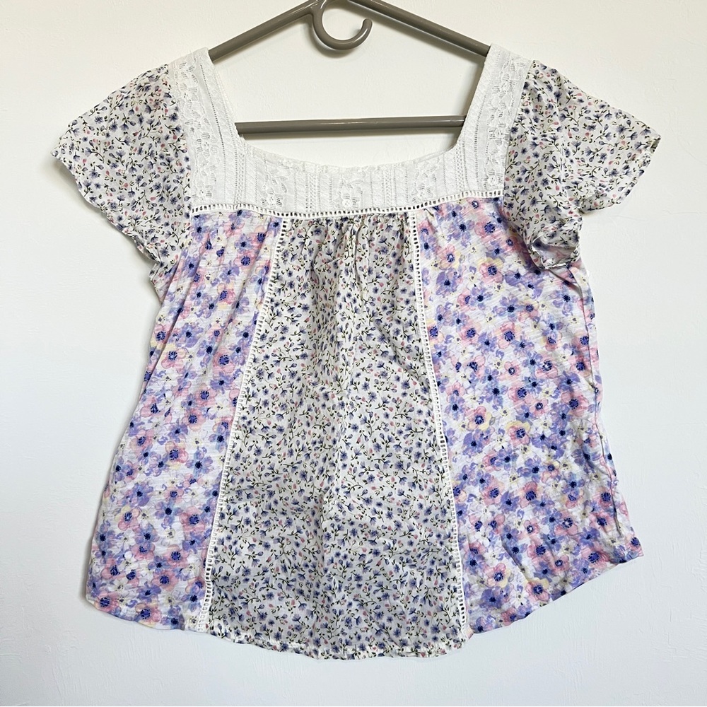 Rewind Cottagecore Lace Detail Floral Short Sleeved Top